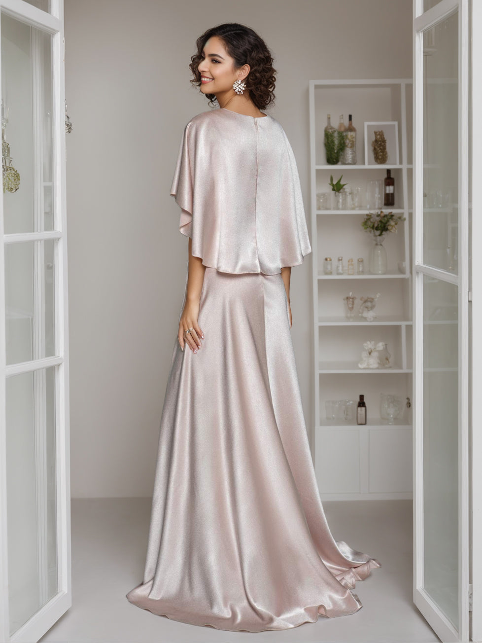 Robe de Mère de la Mariée Élégante en A-Line/Princess, Col en V, Manches Courtes, Longueur Au Sol, avec Volants