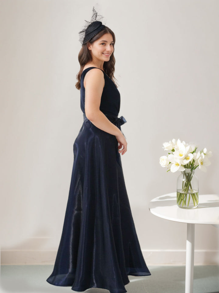 Robe de Mère de la Mariée Grande Taille, Coupe A-Line/Princess, Col en V, Sans Manches, Longueur Au Sol, avec Nœud