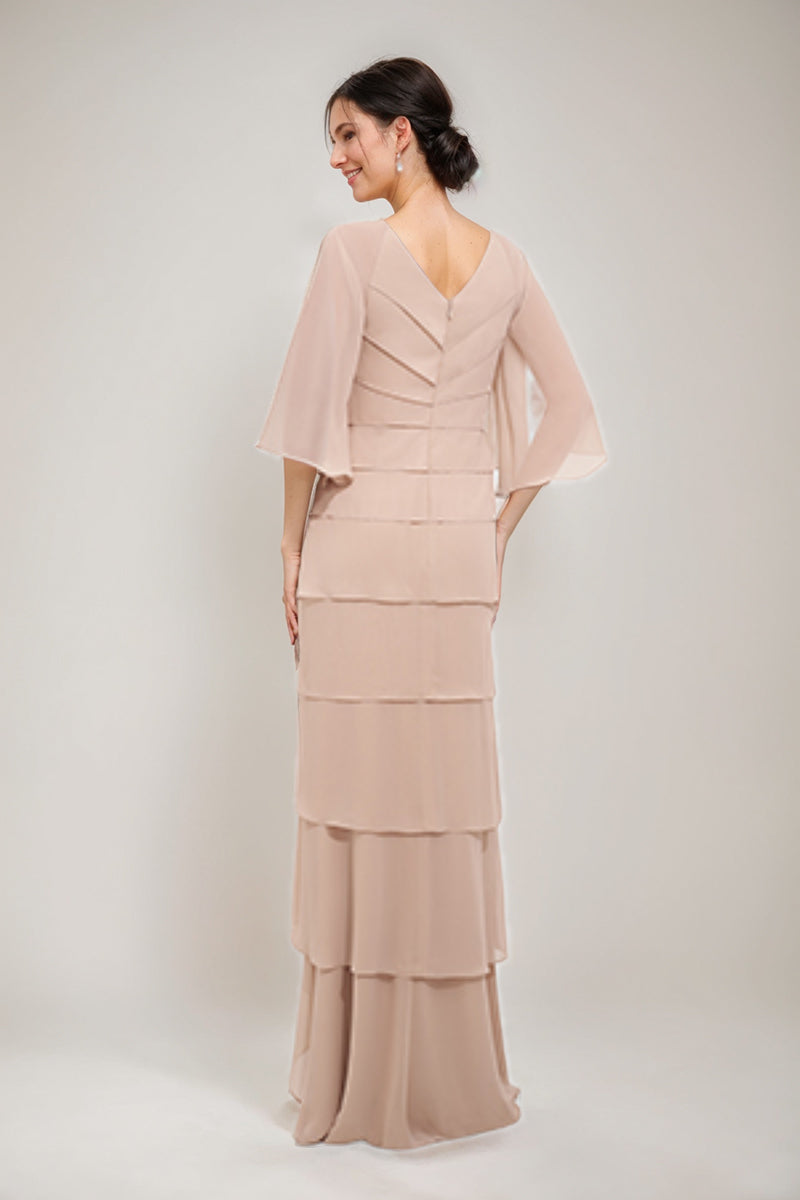 Robes de Mère de la Mariée et Du Marié à Manches 3/4 et Col en V avec Fourreau/Colonne et Appliques et Volants