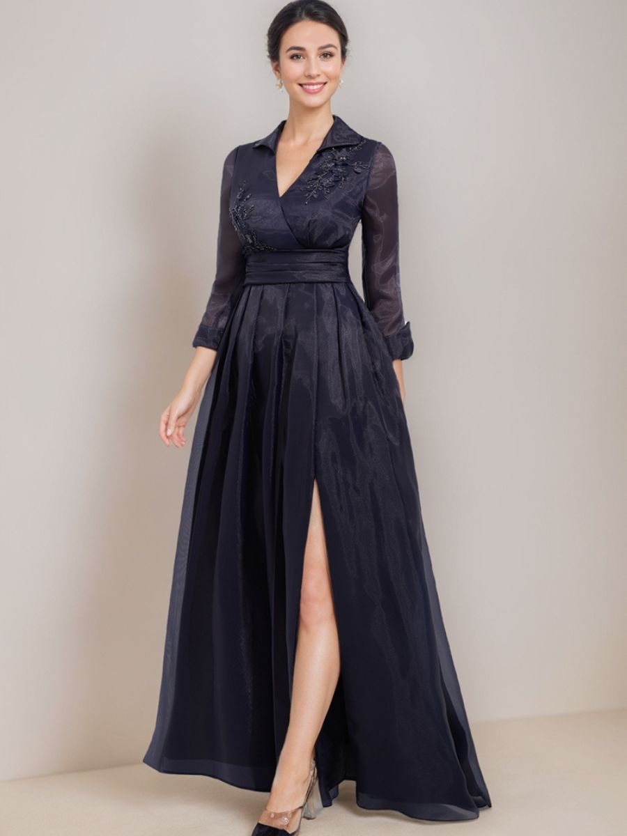 Robe de Mère de la Mariée Coupe A-Line, Col en V, Manches 3/4, Longueur Au Sol, avec Appliques et Fente Latérale