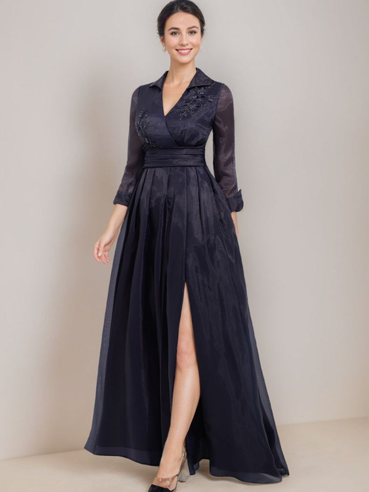 Robe de Mère de la Mariée Coupe A-Line, Col en V, Manches 3/4, Longueur Au Sol, avec Appliques et Fente Latérale