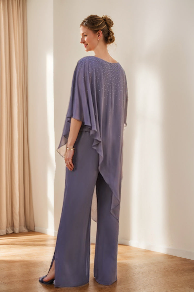 Ensemble pantalon 2 pièces mère de la mariée mousseline col rond, manches 3/4, strass