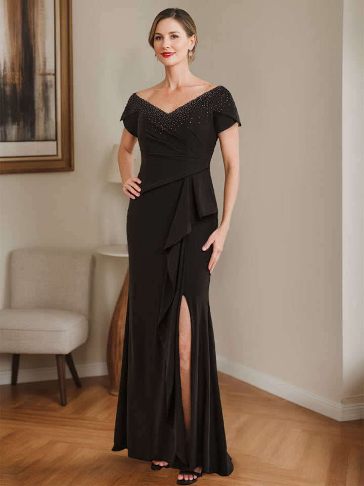 Robe de Mère de la Mariée Fourreau/Colonne à Col en V avec Perles, Fente Sur le Côté et Volants