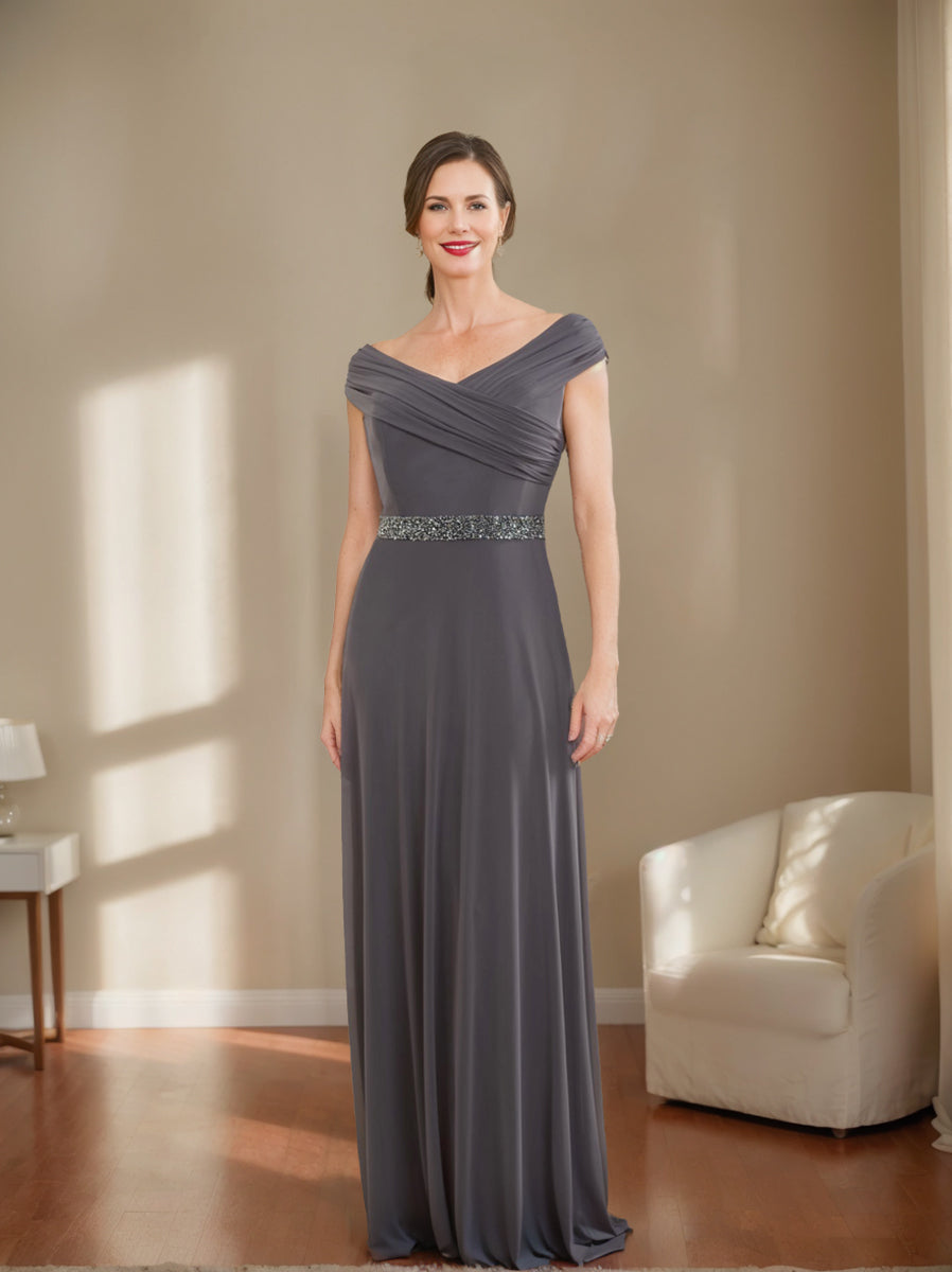 Robe de Mère de la Mariée Fourreau/Colonne à Col en V Froncé avec Perles