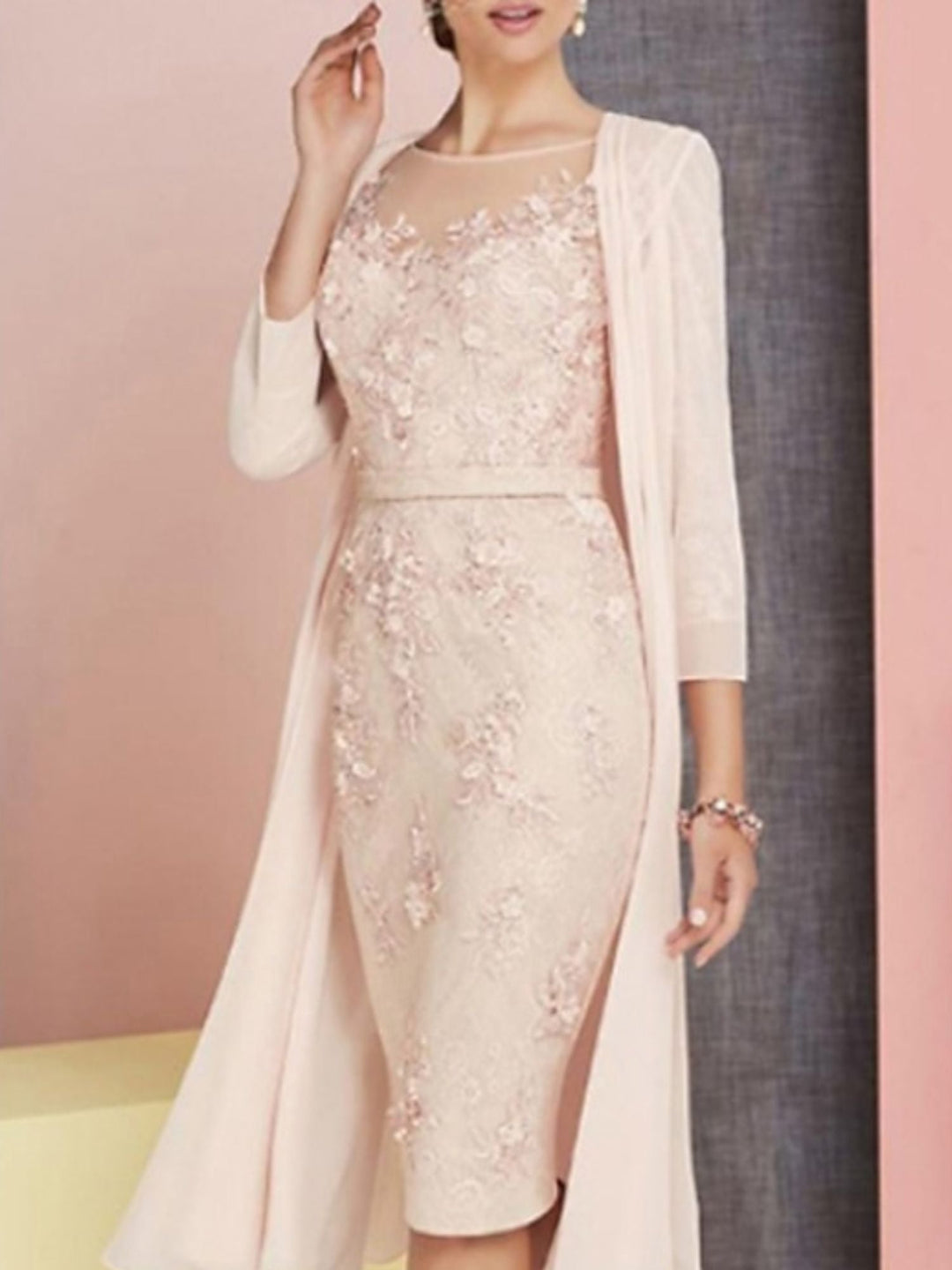 Robe de Mère de la Mariée Rétro à Manches Longues et à Col Rond, Longueur Genou, avec Appliques en Dentelle