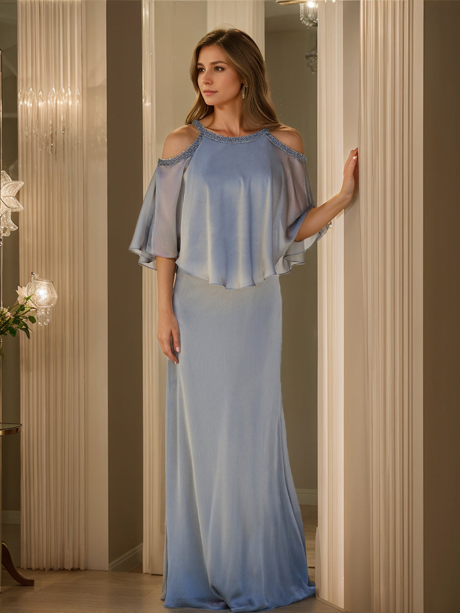Robes de Mère de la Mariée à Demi-Manches et Col Bénitier avec Fourreau/Colonne et Volants et Perles