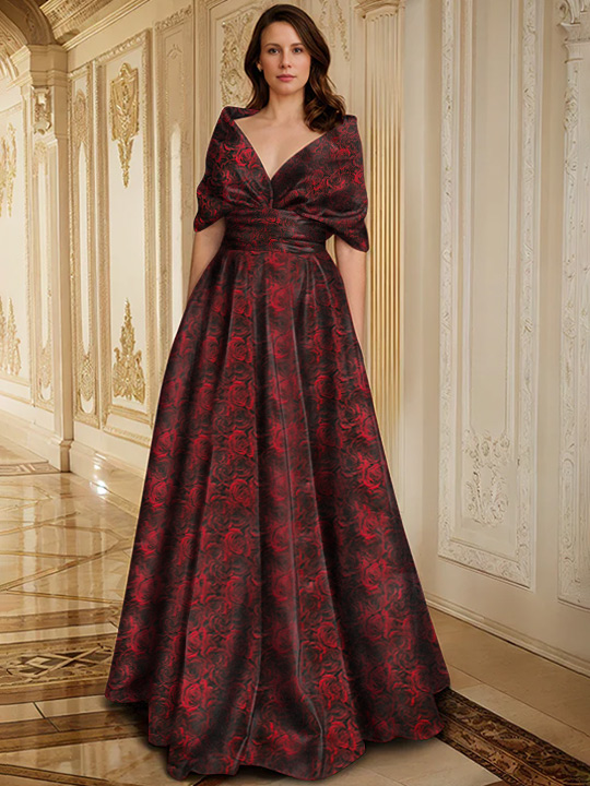 Robes Mère de la Mariée et Du Marié à Imprimé Floral, Coupe A-Line/Princess, Col en V, Longueur Au Sol
