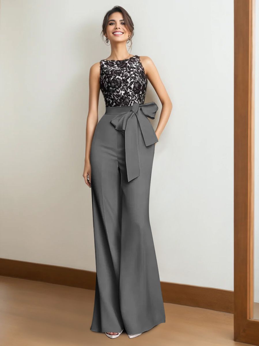 Ensemble 2 Pièces en Satin Sans Manches, Longueur Au Sol, pour Mère de la Mariée, avec Appliques en Dentelle et Nœud