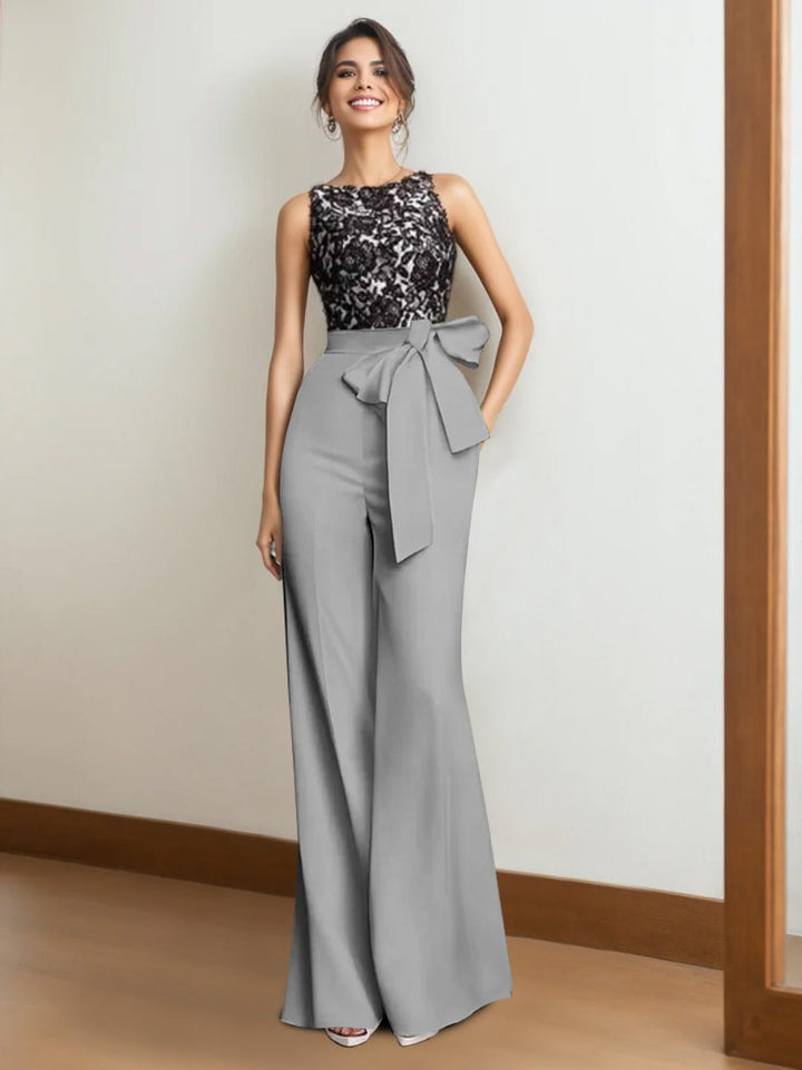 Ensemble 2 Pièces en Satin Sans Manches, Longueur Au Sol, pour Mère de la Mariée, avec Appliques en Dentelle et Nœud