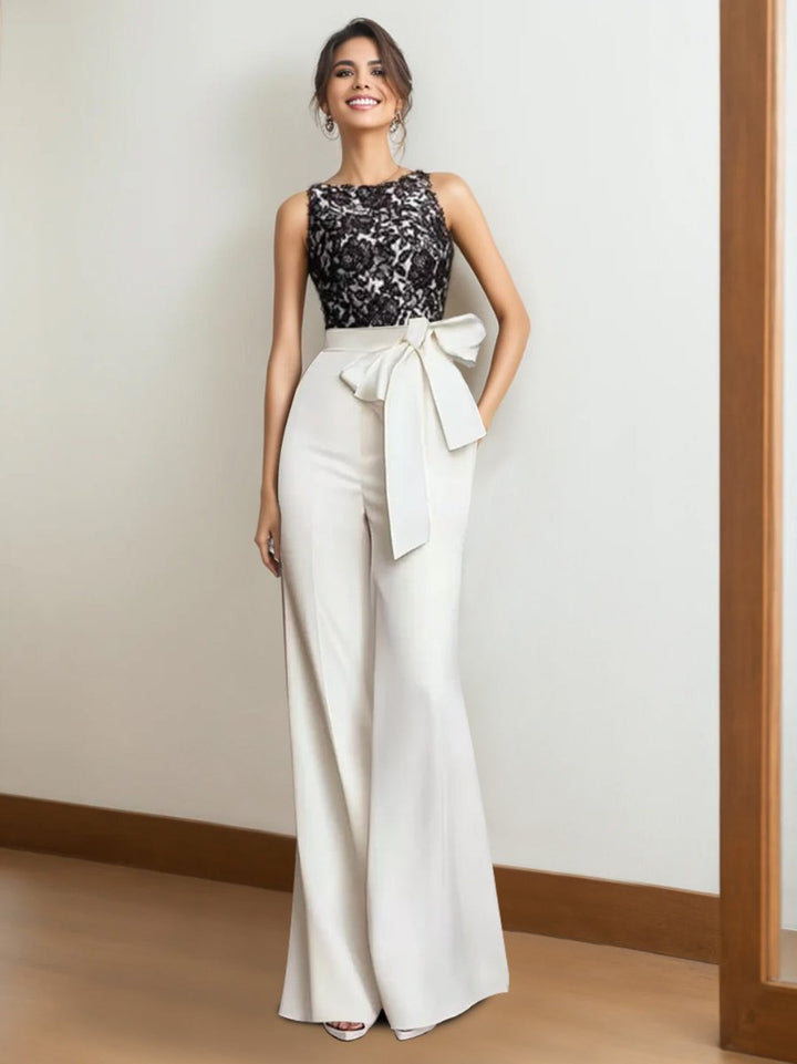 Ensemble 2 Pièces en Satin Sans Manches, Longueur Au Sol, pour Mère de la Mariée, avec Appliques en Dentelle et Nœud