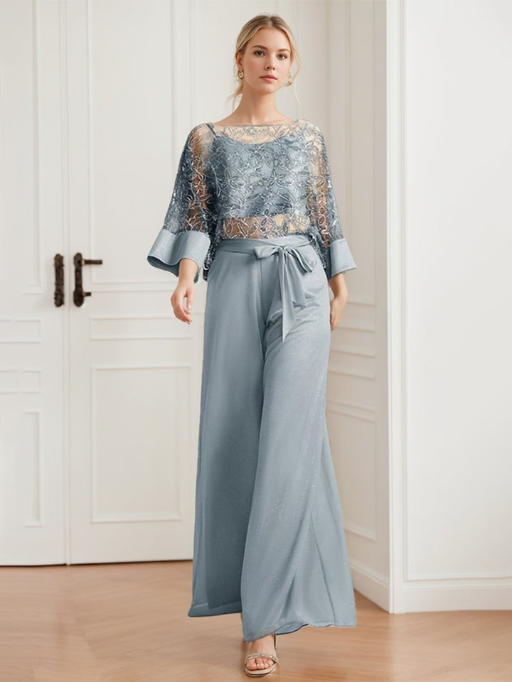 Ensemble pantalon 2 pièces mère de la mariée mousseline col rond, dentelle appliques, sequins