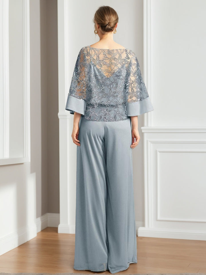 Ensemble pantalon 2 pièces mère de la mariée mousseline col rond, dentelle appliques, sequins