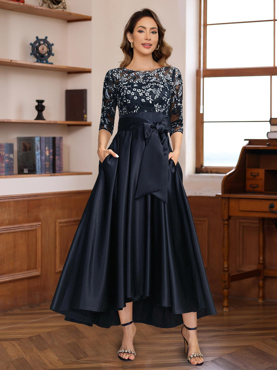 Ligne A 3/4 Manches Asymétrique Dentelle Mère of the Mariée & Groom Robes avec Appliques & Bow Ceinture