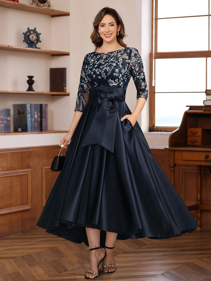 Ligne A 3/4 Manches Asymétrique Dentelle Mère of the Mariée & Groom Robes avec Appliques & Bow Ceinture