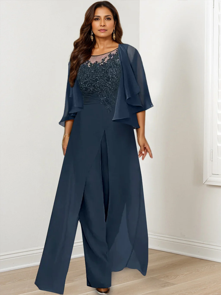 Combinaison mère de la mariée taille plus ligne A col rond, veste, fente latérale, appliques, longueur sol