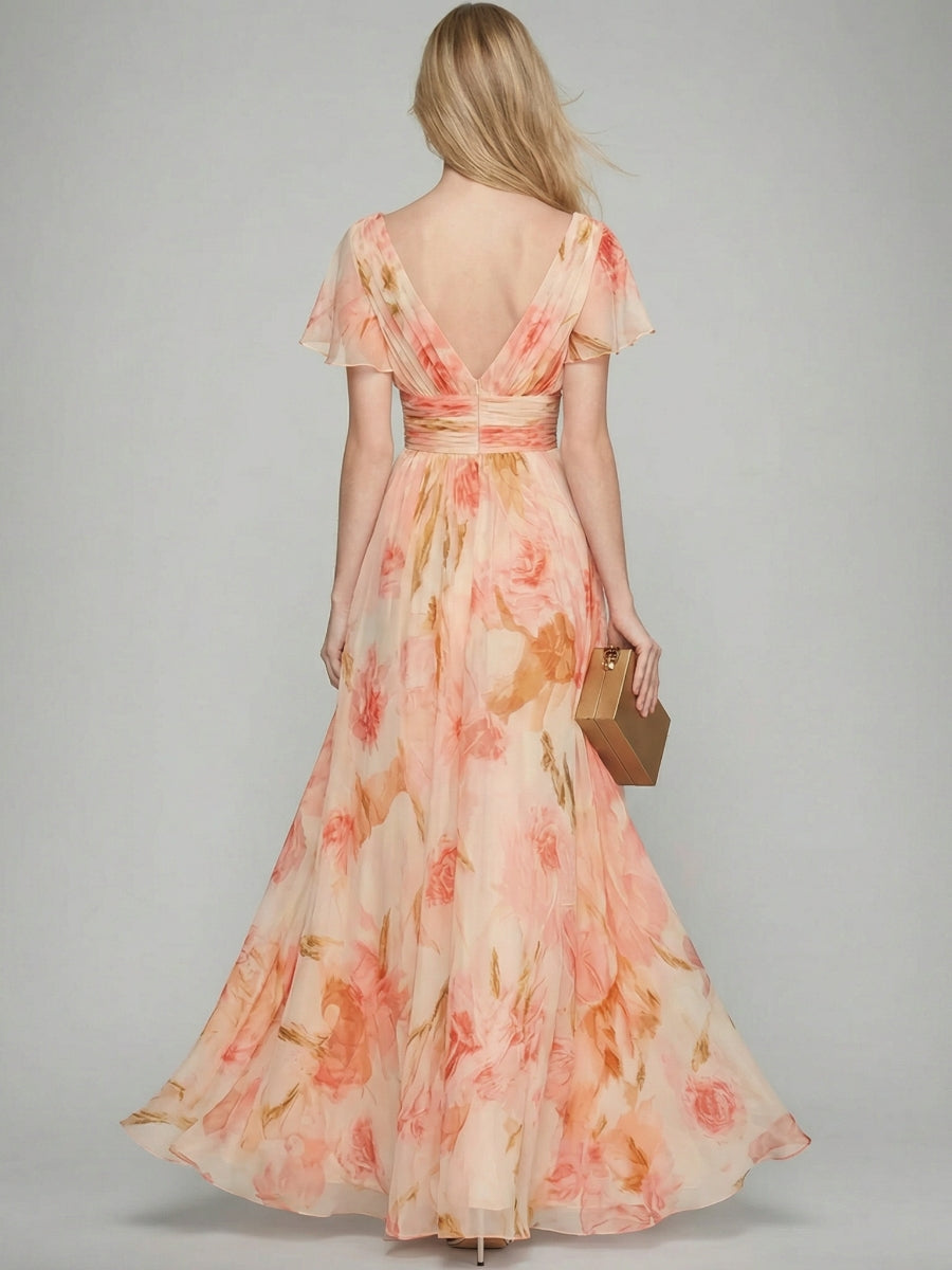 Robe mère de la mariée ligne A, col V, manches courtes, imprimé floral, avec volants