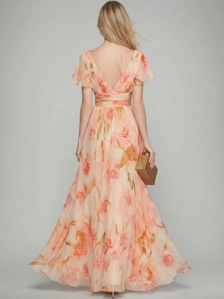 Robe mère de la mariée ligne A, col V, manches courtes, imprimé floral, avec volants