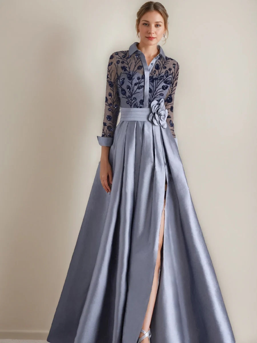 Robe mère de la mariée ligne A, col chemisier, manches longues, longueur sol, appliques et ceinture florale