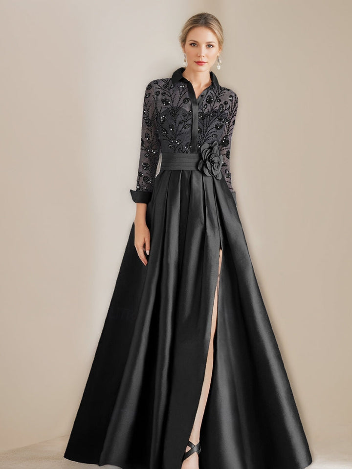 Robe mère de la mariée ligne A, col chemisier, manches longues, longueur sol, appliques et ceinture florale