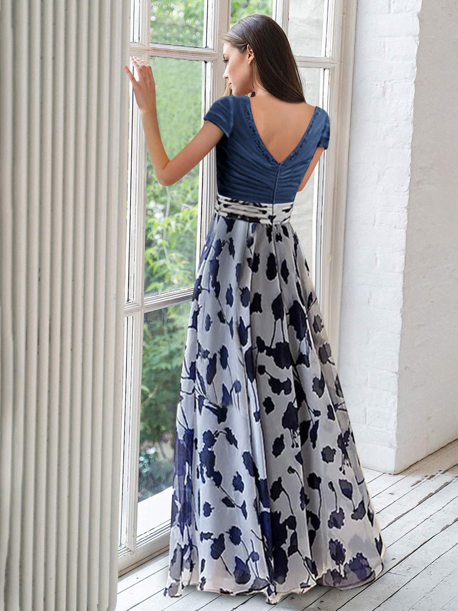 Robe ligne A/princesse, Col en V, pour mère de la mariée, longueur du sol, manches courtes