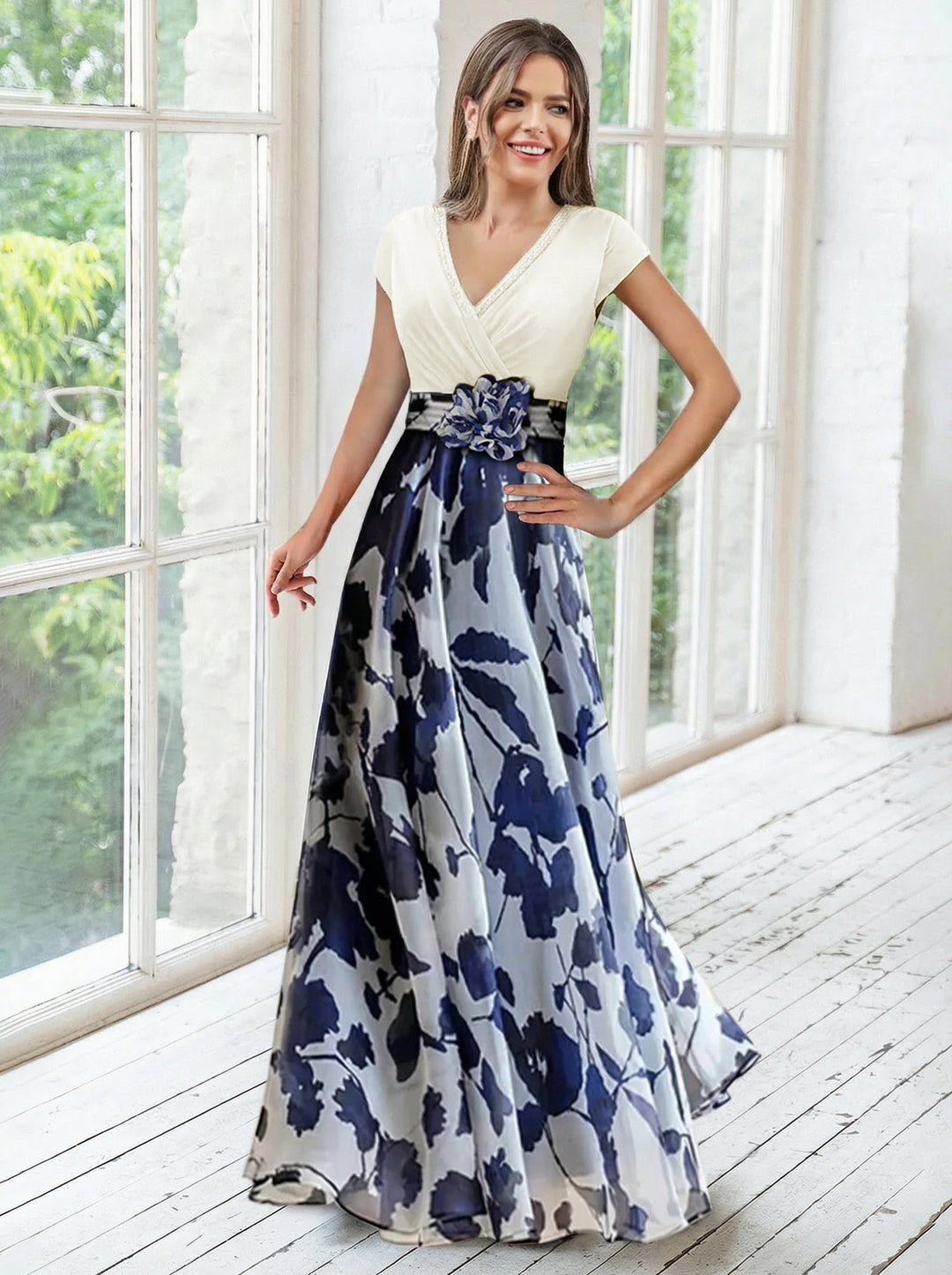 Robe ligne A/princesse, Col en V, pour mère de la mariée, longueur du sol, manches courtes