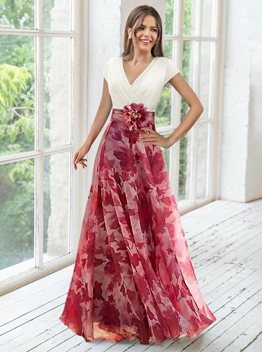 Robe ligne A/princesse, Col en V, pour mère de la mariée, longueur du sol, manches courtes