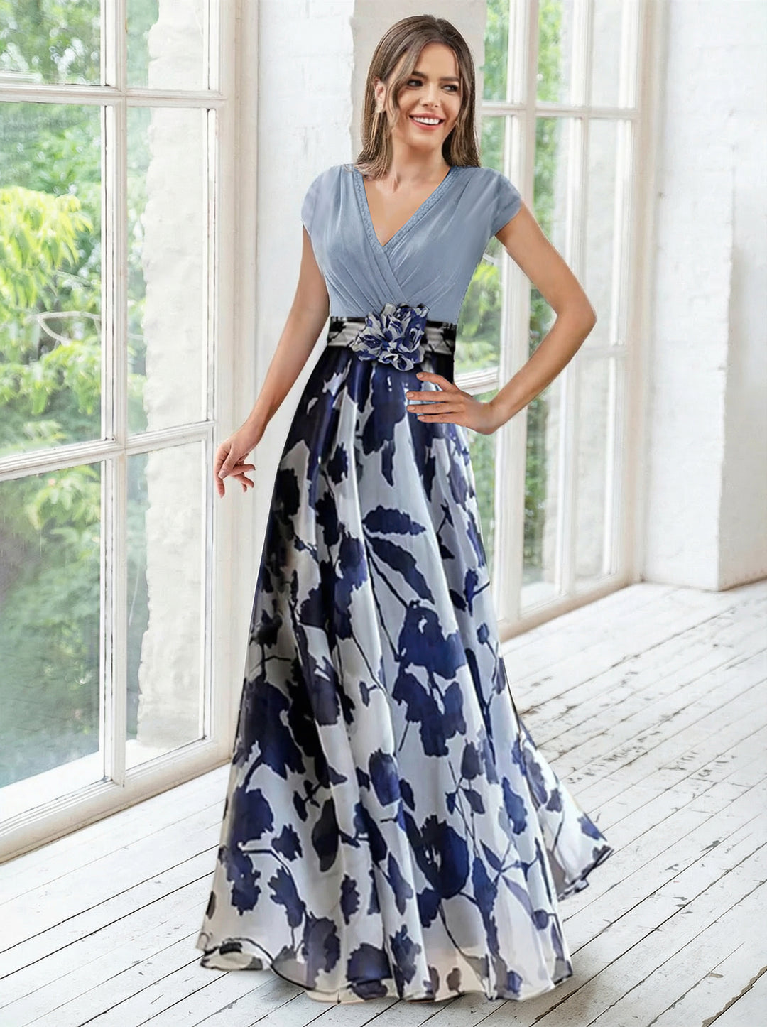 Robe ligne A/princesse, Col en V, pour mère de la mariée, longueur du sol, manches courtes