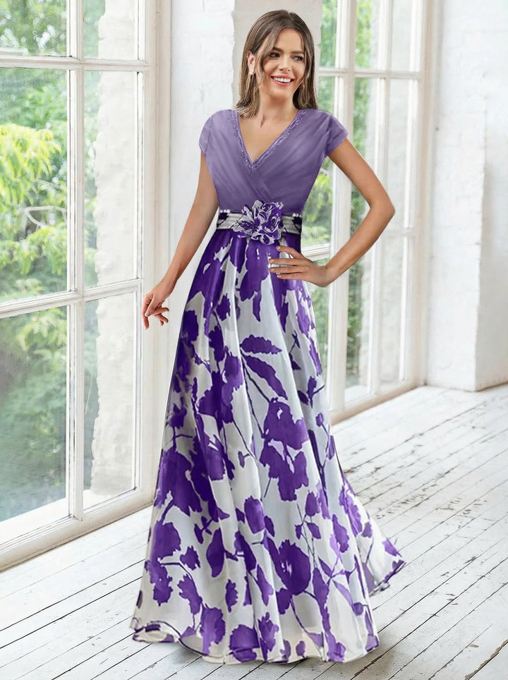 Robe ligne A/princesse, Col en V, pour mère de la mariée, longueur du sol, manches courtes