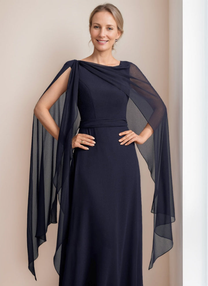 Ligne A/Princesse Scoop La Longueur du Sol Cape Sleeves Robes Mère de La Mariée avec Bow & Froufrous