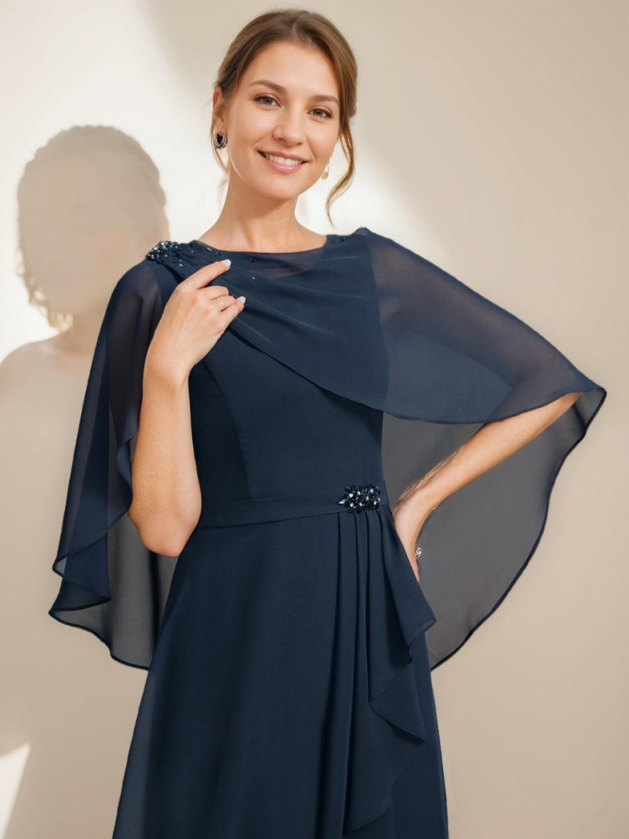 Gaine/Colonne Collier Bijou Longueur de Thé Robes Mère de La Mariée avec Detachable Cape & Froufrous & Beads