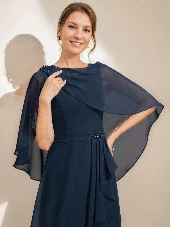 Gaine/Colonne Collier Bijou Longueur de Thé Robes Mère de La Mariée avec Detachable Cape & Froufrous & Beads