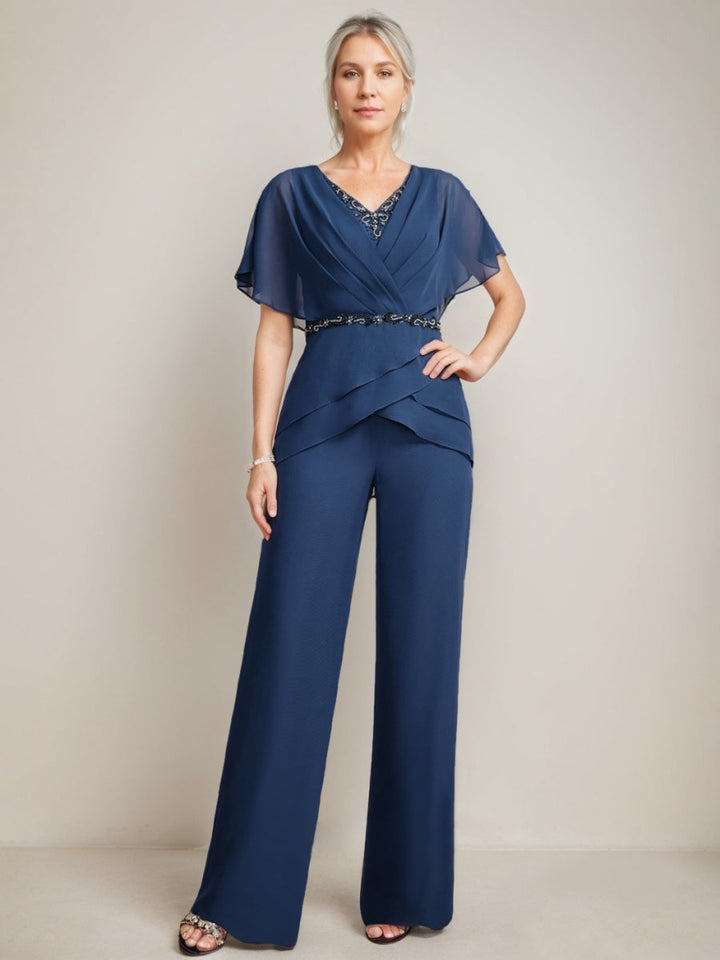 2 Morceaux Col en V Ruché Flutter Sleeves La Longueur du Sol PerlesTailleurs-pantalons pour mère de la mariée