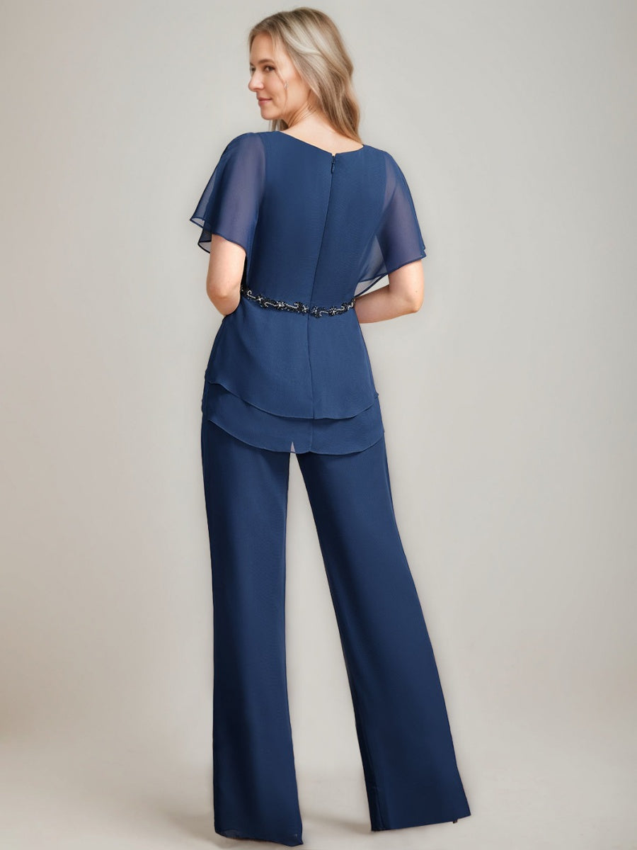 2 Morceaux Col en V Ruché Flutter Sleeves La Longueur du Sol PerlesTailleurs-pantalons pour mère de la mariée