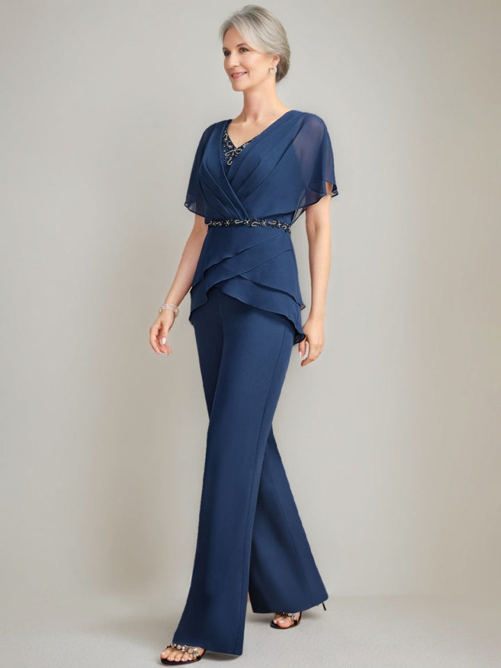 2 Morceaux Col en V Ruché Flutter Sleeves La Longueur du Sol PerlesTailleurs-pantalons pour mère de la mariée