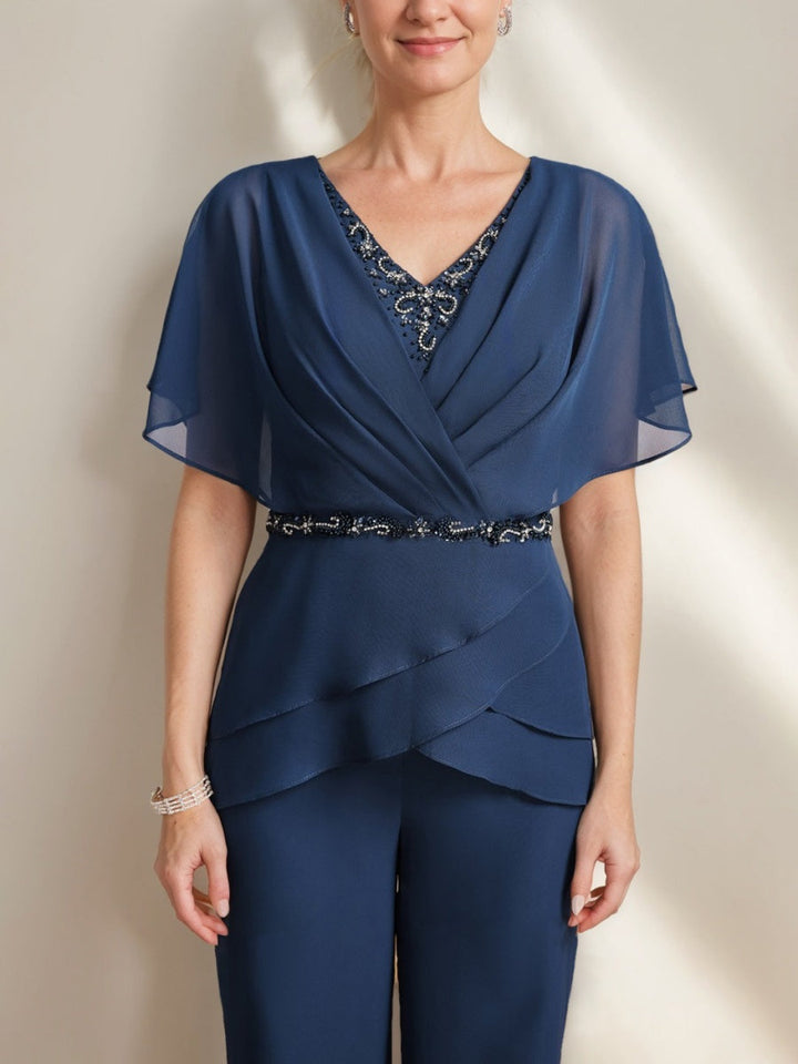 2 Morceaux Col en V Ruché Flutter Sleeves La Longueur du Sol PerlesTailleurs-pantalons pour mère de la mariée