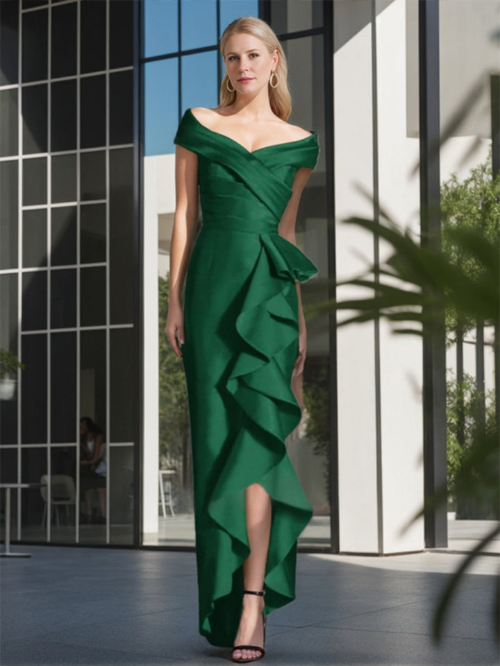 Gaine/Colonne Hors de l'Épaule Sans Manches Pleated Asymétrique Robes Mère de La Mariée avec Froufrous