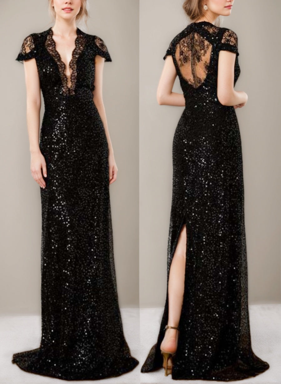 Gaine/Colonne Sequined La Longueur du Sol Plunge Col en V Robes Mère de La Mariée avec Dentelle & Slit