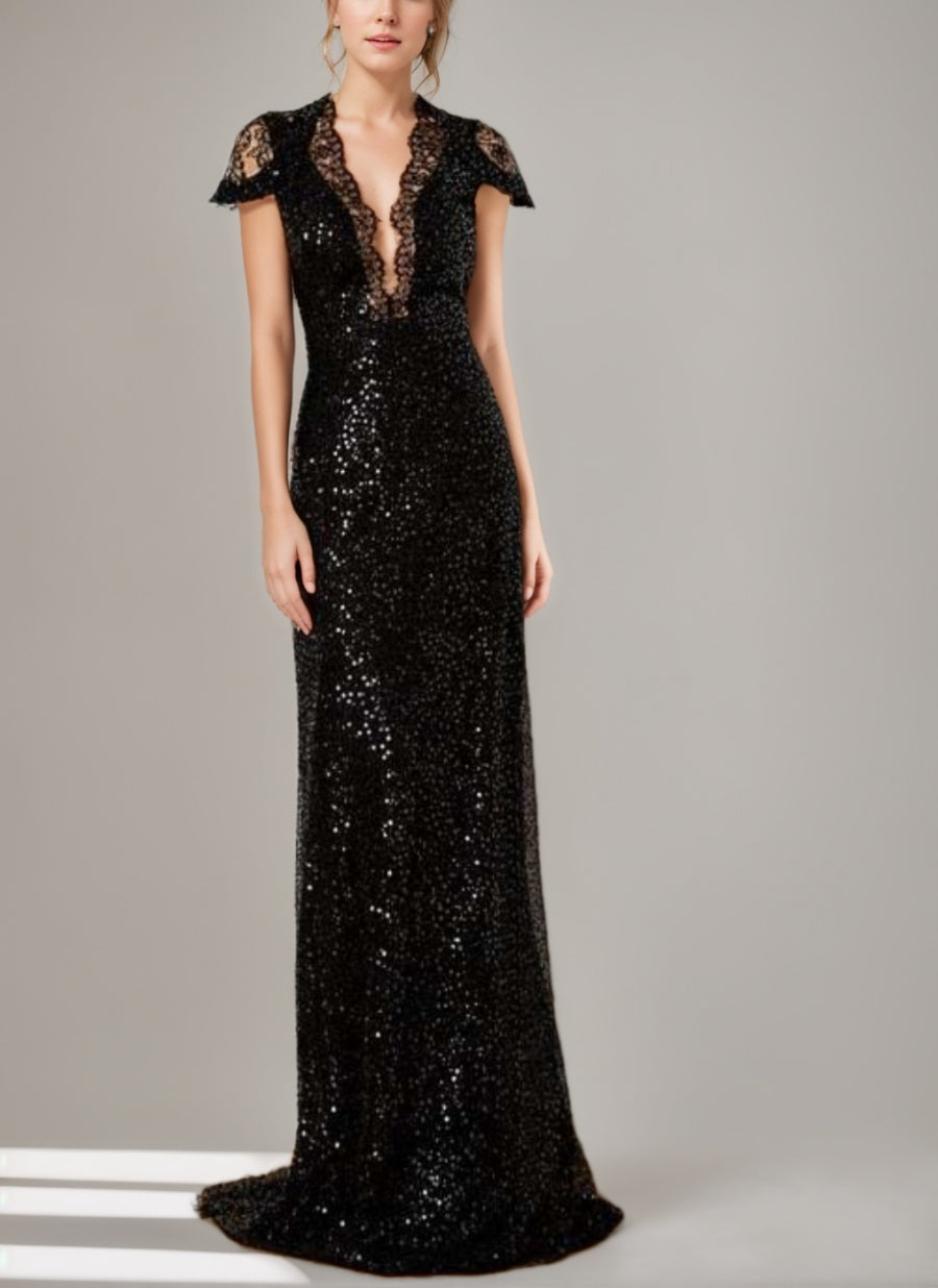 Gaine/Colonne Sequined La Longueur du Sol Plunge Col en V Robes Mère de La Mariée avec Dentelle & Slit