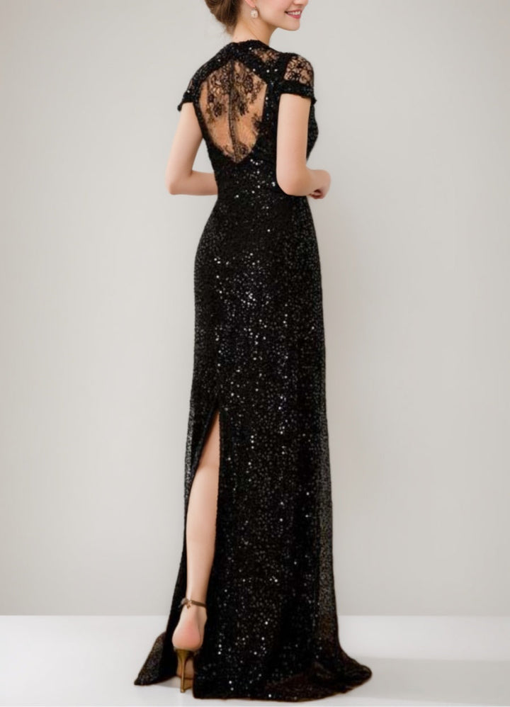 Gaine/Colonne Sequined La Longueur du Sol Plunge Col en V Robes Mère de La Mariée avec Dentelle & Slit