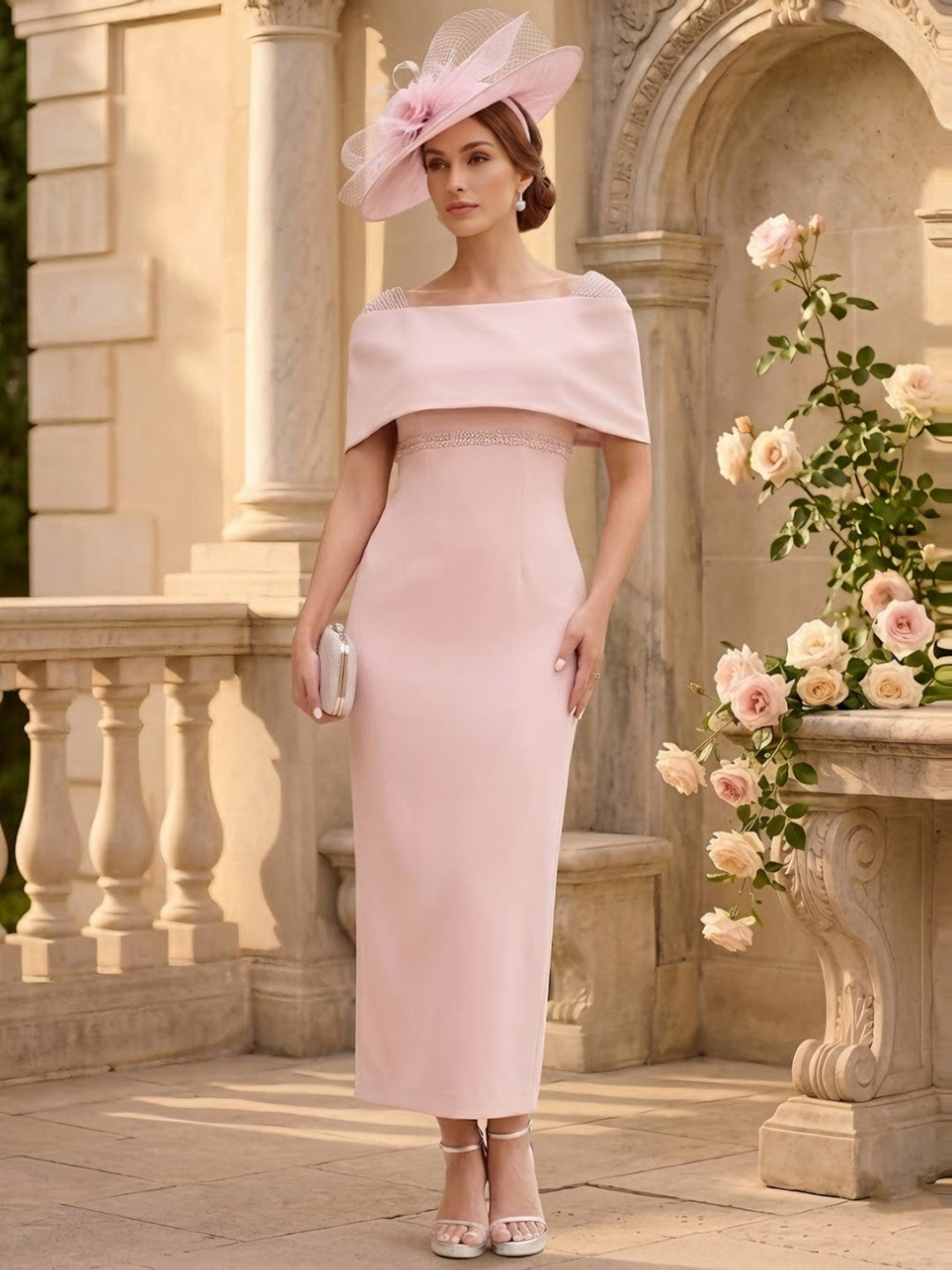 Robe Gaine/Colonne, Hors de l'Épaule, Satin extensible, pour mère de la mariée, longueur de la cheville,Sans manches,Paillettes