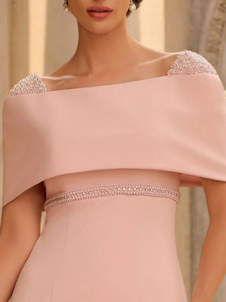 Robe Gaine/Colonne, Hors de l'Épaule, Satin extensible, pour mère de la mariée, longueur de la cheville,Sans manches,Paillettes