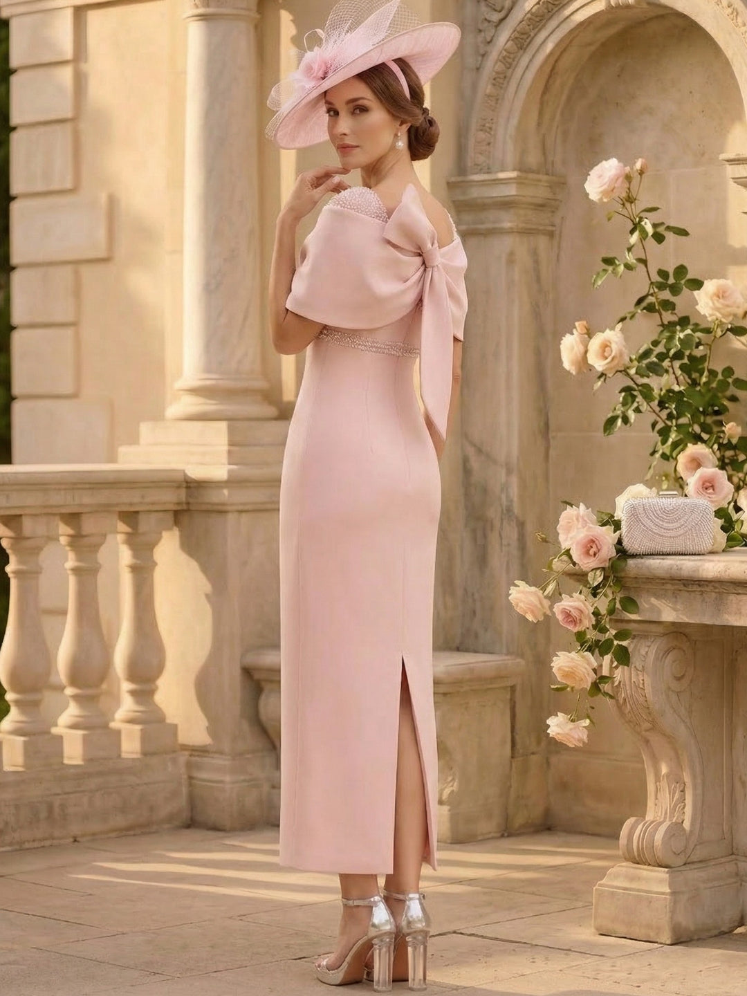 Robe Gaine/Colonne, Hors de l'Épaule, Satin extensible, pour mère de la mariée, longueur de la cheville,Sans manches,Paillettes