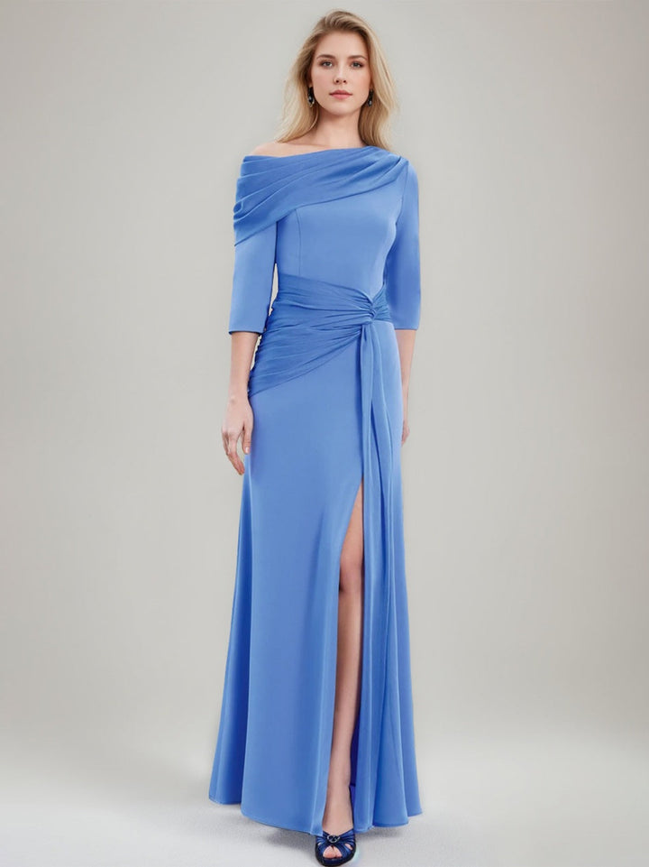 Gaine/Colonne Asymétrique Draped Encolure 3/4 Manches La Longueur du Sol Pleated Robes Mère de La Mariée avec Mousseline & Slit