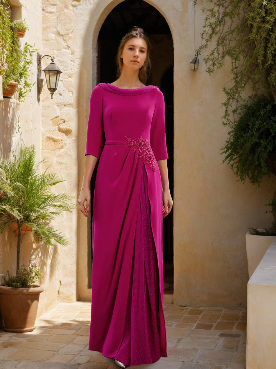 Gaine/Colonne Col bénitier 3/4 Manches La Longueur du Sol Robes Mère de La Mariée avec Tulle & Ceinture & Slit & Bijou Appliques