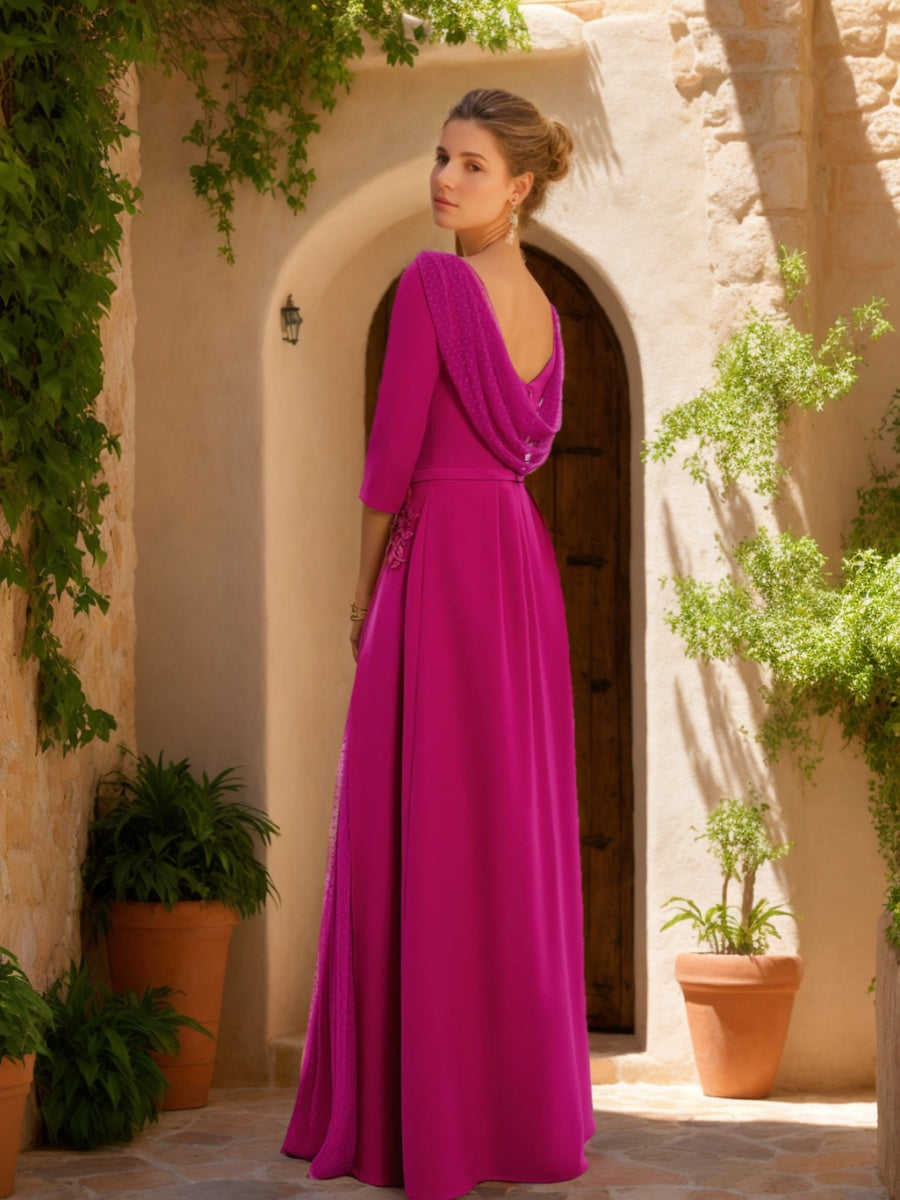 Gaine/Colonne Col bénitier 3/4 Manches La Longueur du Sol Robes Mère de La Mariée avec Tulle & Ceinture & Slit & Bijou Appliques
