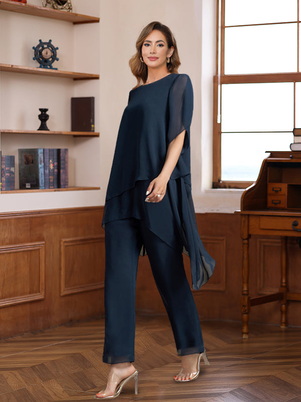 Ensemble pantalon 2 pièces col rond, manches mi-longues, longueur cheville