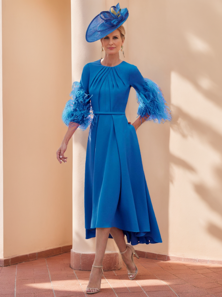 Ligne A/Princesse Scoop Demi-manches Longueur de Thé Robes Mère de La Mariée avec Feathers