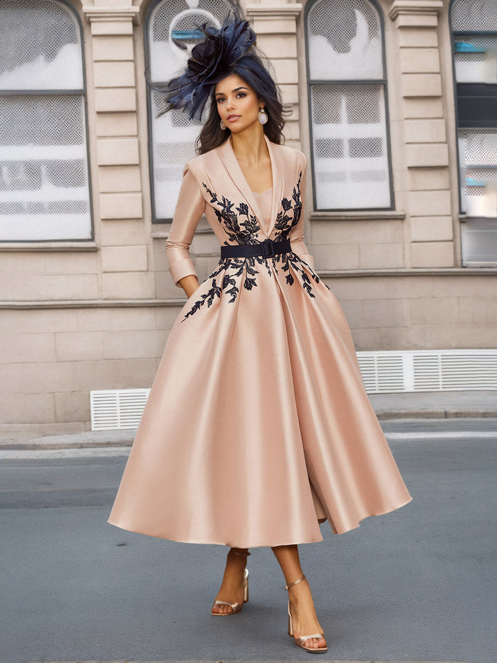 Ligne A/Princesse Plunge Col en V 3/4 Manches Longueur de La Cheville Pleated Robes Mère de La Mariée avec Appliques & Ceinture