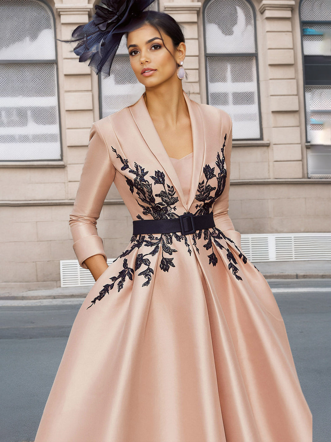 Ligne A/Princesse Plunge Col en V 3/4 Manches Longueur de La Cheville Pleated Robes Mère de La Mariée avec Appliques & Ceinture