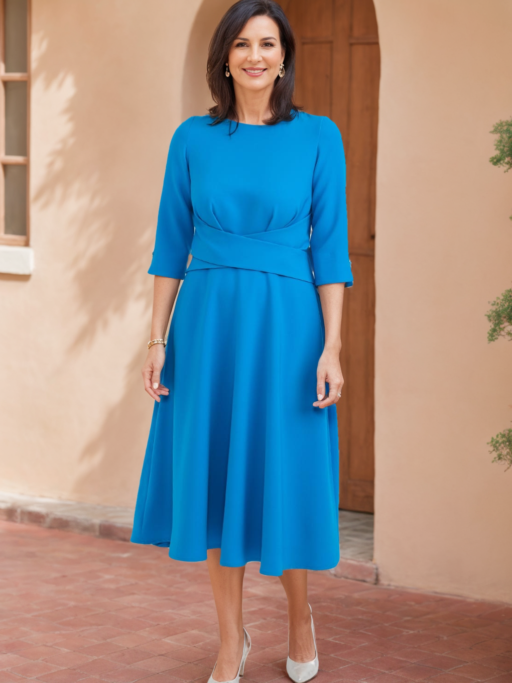 Ligne A/Princesse Scoop Neck 3/4 Manches Longueur de Thé Robes Mère de La Mariée avec Froufrous